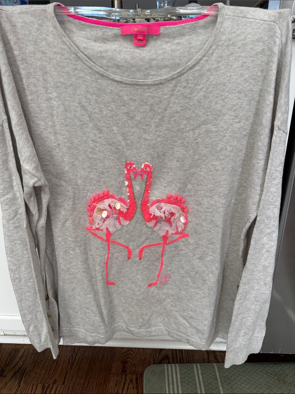 Lilly Pulitzer Sweater with Neon Pink Flamingo Embroidery